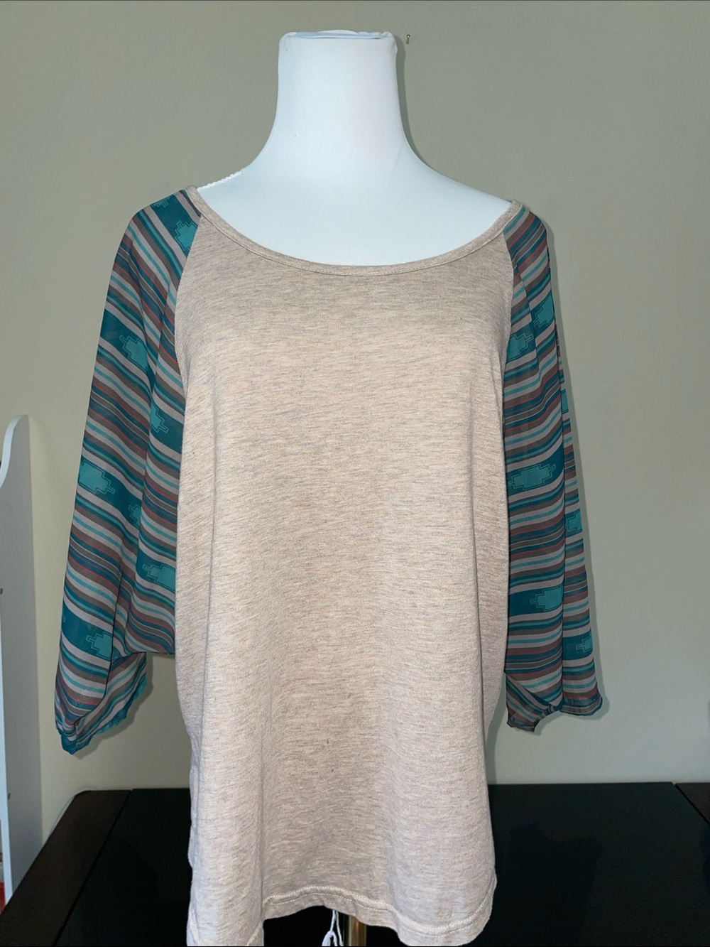 Beige Scoop Neck Top with Teal Striped Dolman Sheer Oversized Sleeves | S